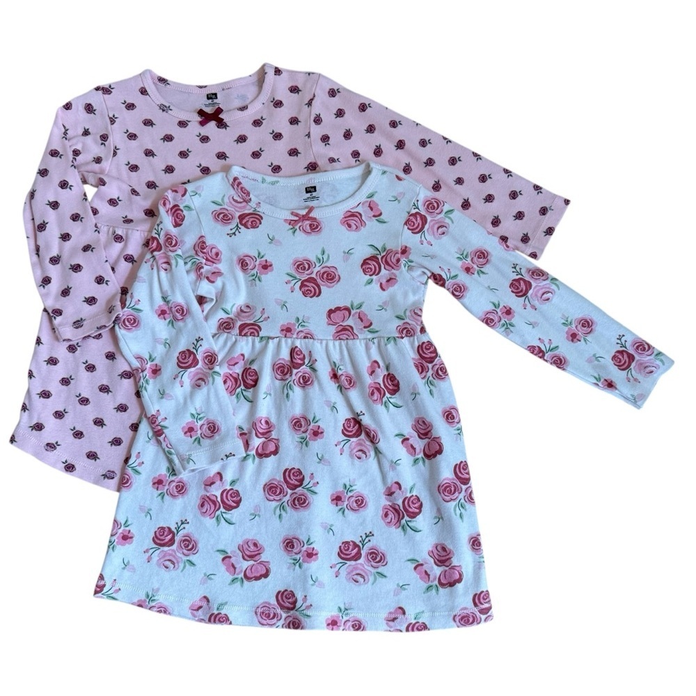 Hudson Baby Pink Roses Toddler Girl Cotton Long-Sleeve Dress Set of 2 Bundle 4T